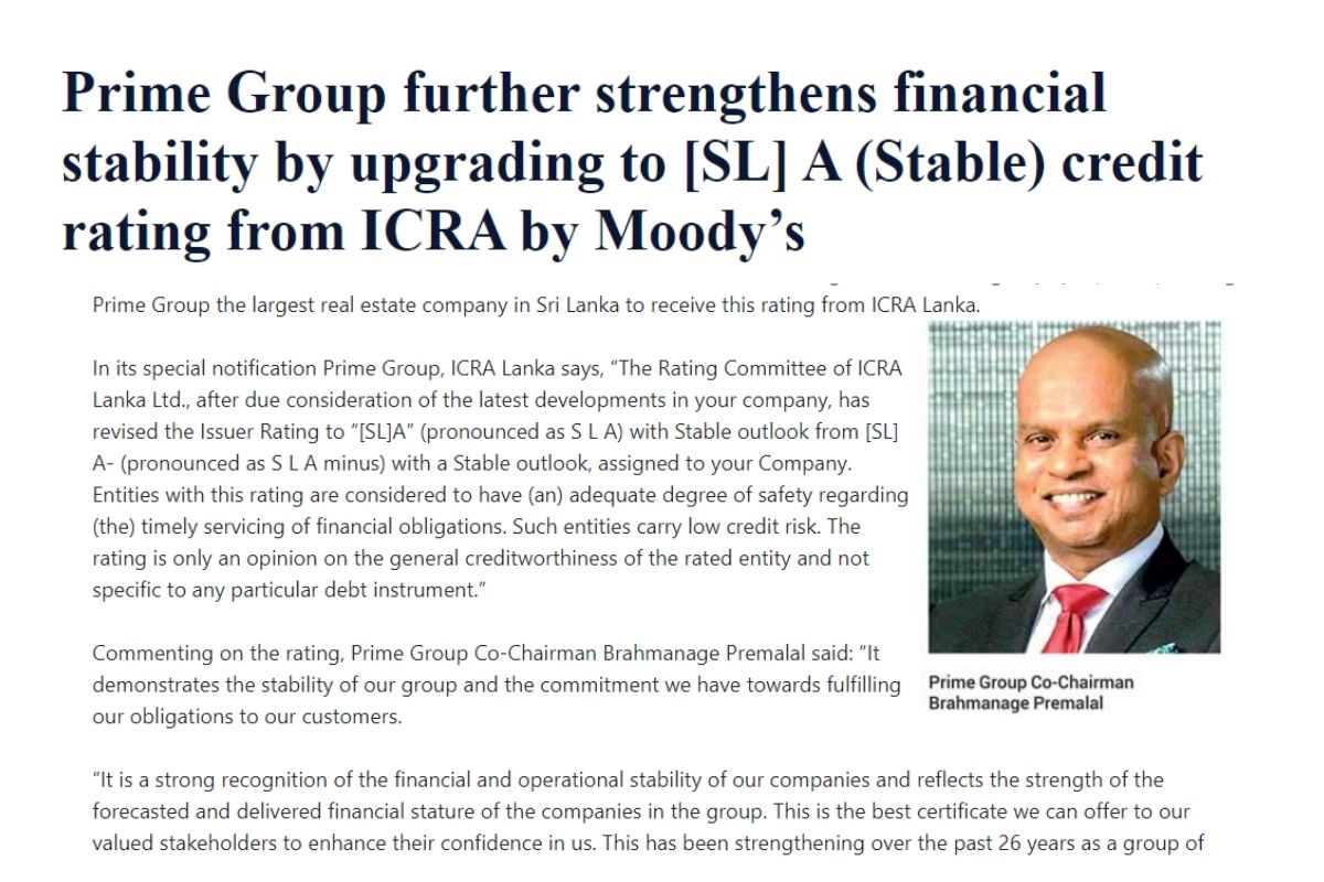 Prime Group Strengthen The Financial Stability to [SL] A (Stable)