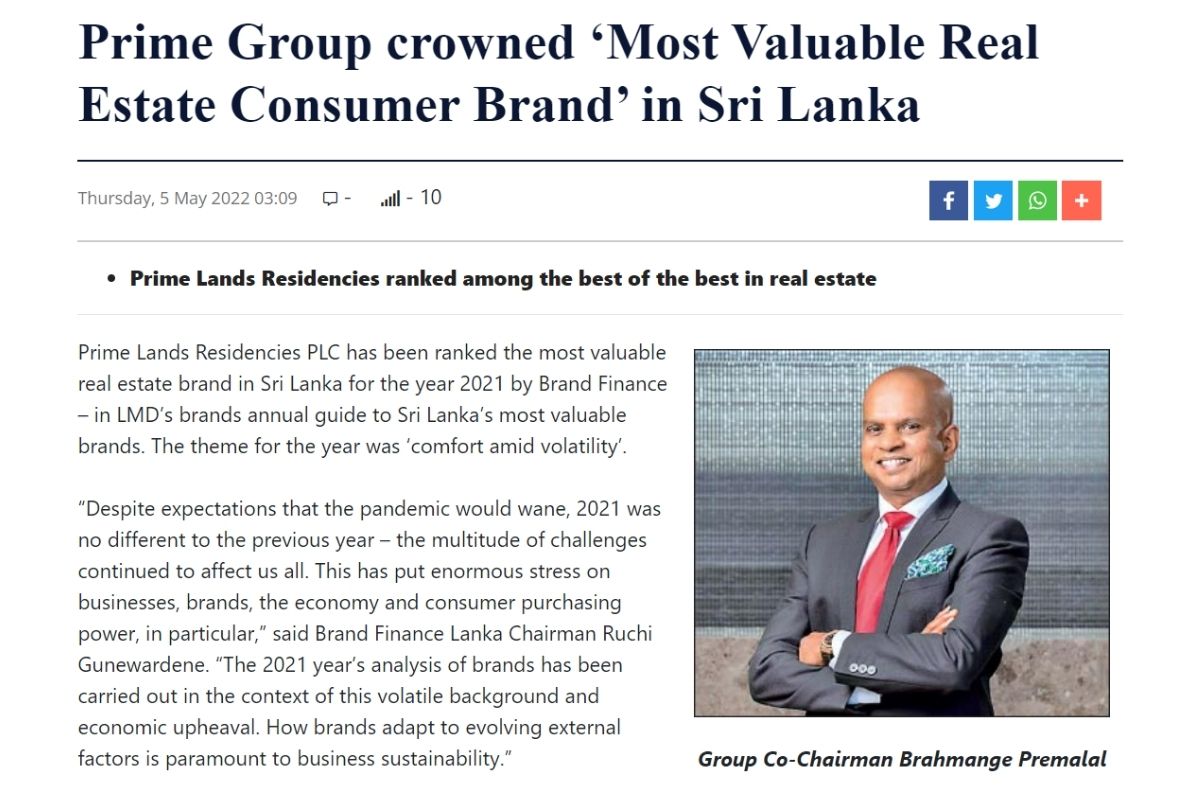 Prime Group Crowned ‘Most Valuable Real Estate Consumer Brand’ in Sri Lanka